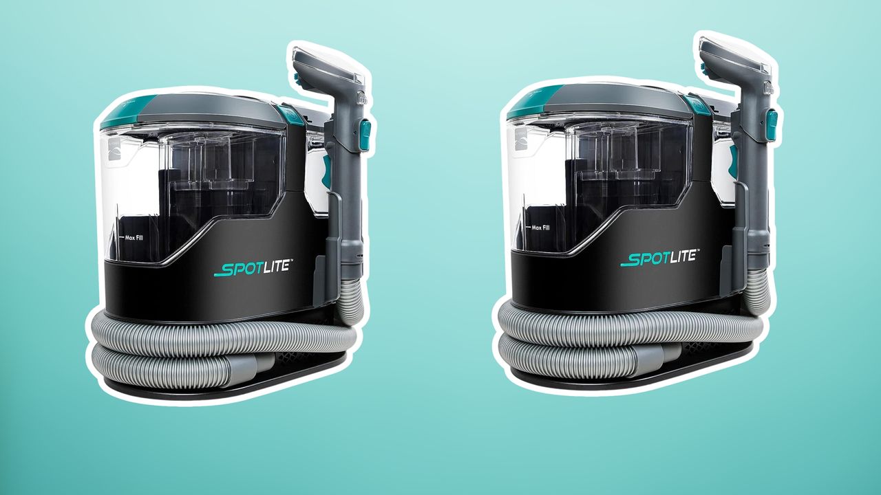 Two carpet cleaners on aqua blue background