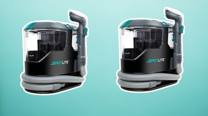 Two carpet cleaners on aqua blue background