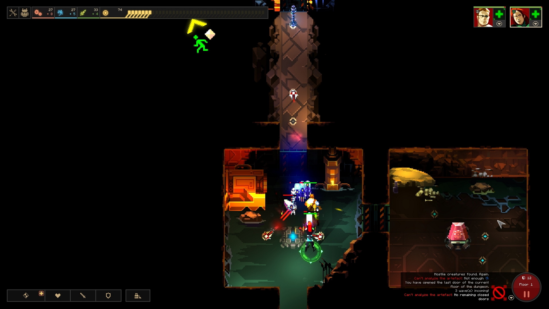 Economic games: heroes face enemies in a dungeon while turrets help