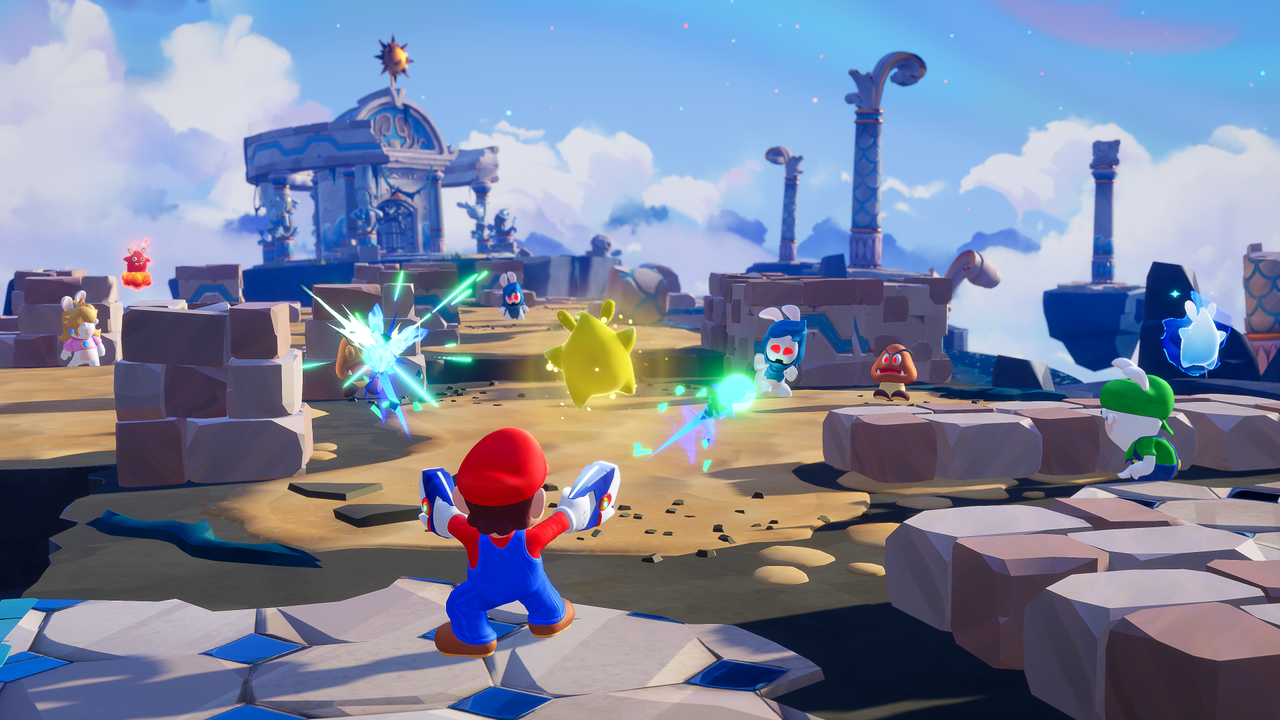 Mario shoots at enemies in Mario + Rabbids Sparks of Hope