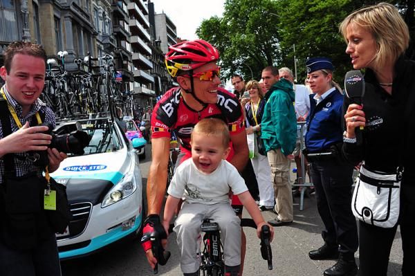 Philippe Gilbert (BMC) and son prior to the start of the Tour's first road stage.