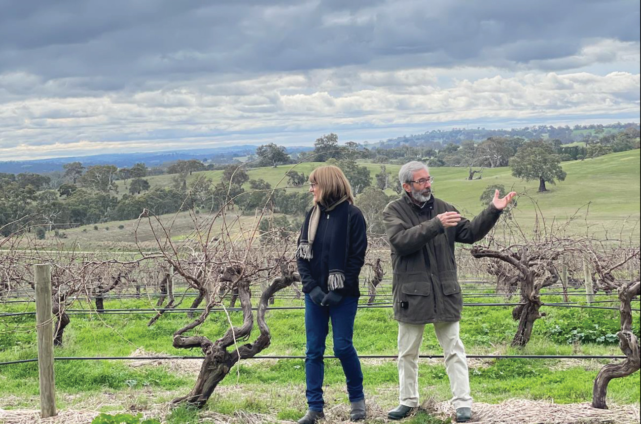 Prue and Stephen Henschke in The Wheelwright vineyard.