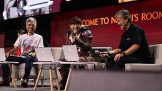 Naoki Yoshida, Hironobu Sakaguchi and Toshio Murouchi laughing on stage at London Fan Fest