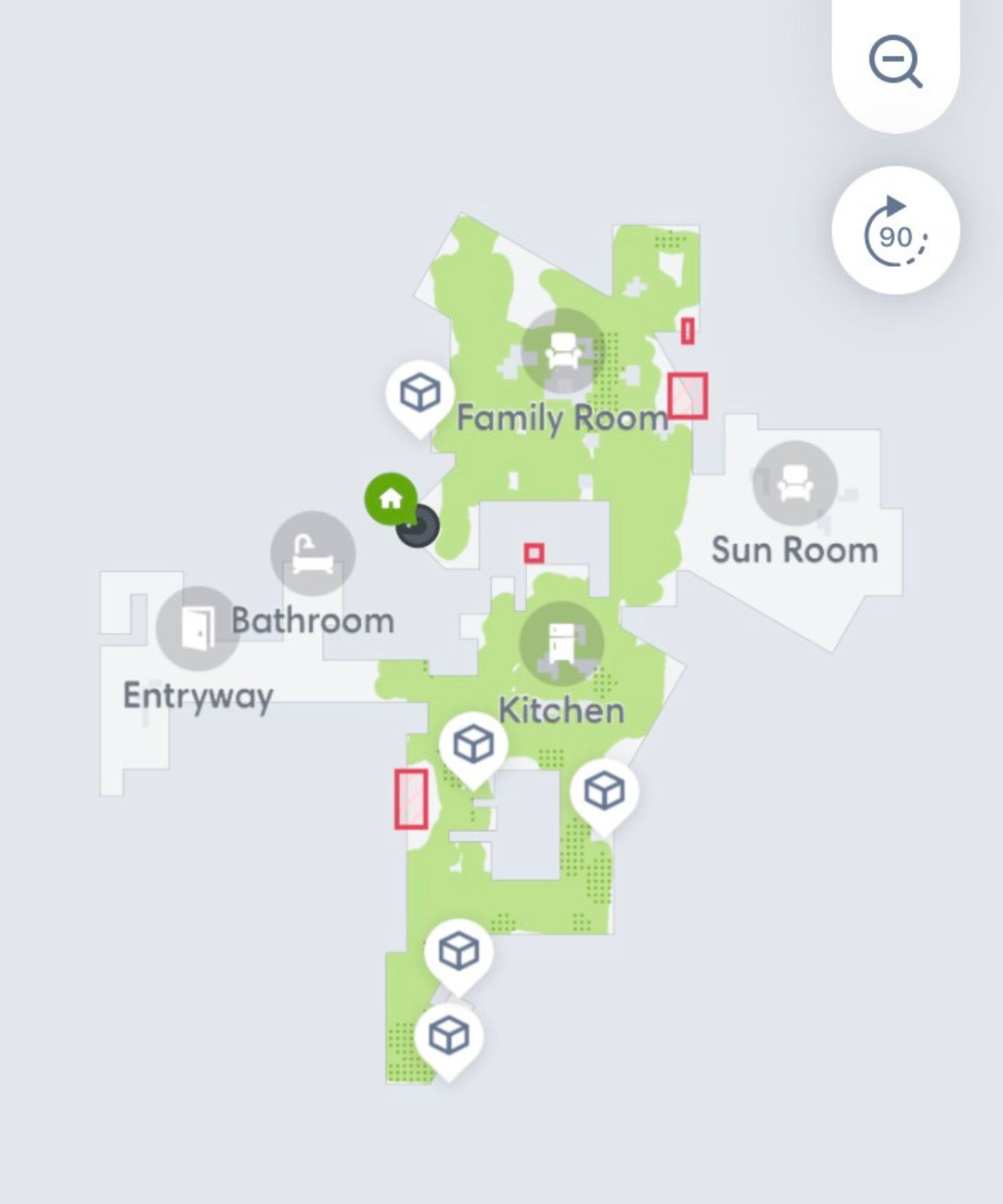 Screenshot of the iRobot Roomba app showing layout of a home with labels for each room. Part of the map is green showing where the robot has cleaned, while the white sections show where the robot hasn't cleaned yet.