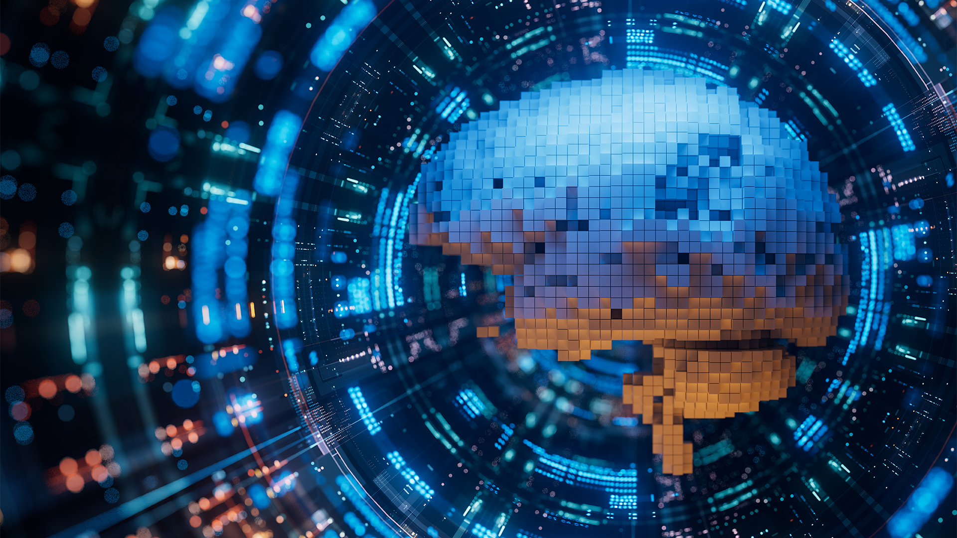 AI vector illustration showing digitized human brain surrounded by digital storage systems. 