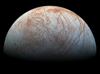 A closer view of Europa's icy surface, with a potential ocean underneath.