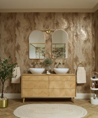 brown and gold metallic bathroom wallpaper