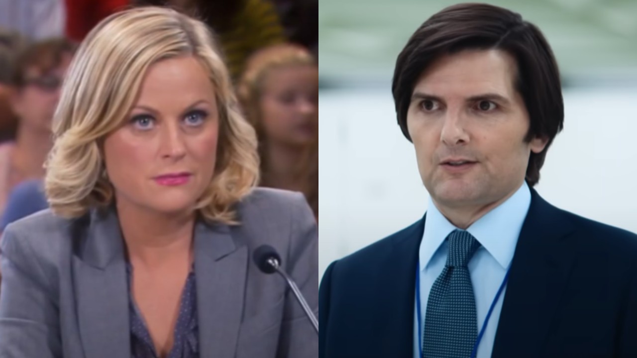 From left to right: Amy Poehler on Parks and Rec looking wide-eyed and Adam Scott looking to his left in Severance. 