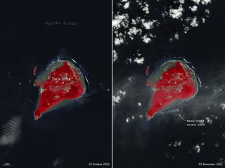 The new island that emerged after an underwater volcanic eruption off Japan's Iwo Jima seen from space