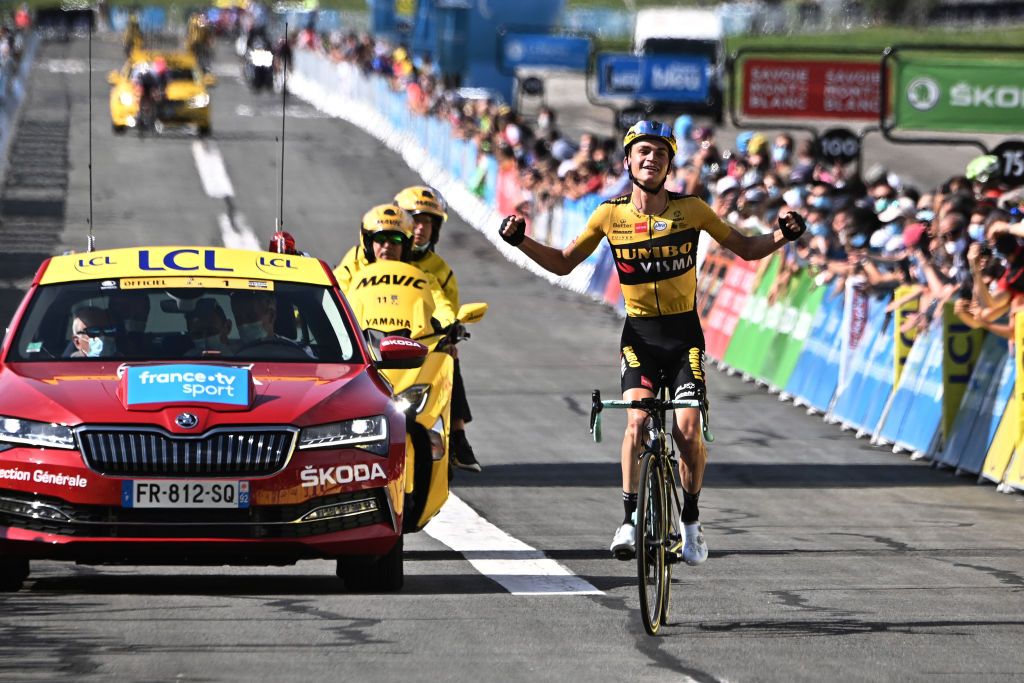 MEGEVE FRANCE AUGUST 16 Arrival Sepp Kuss of The United States and Team Jumbo Visma Celebration during the 72nd Criterium du Dauphine 2020 Stage 5 a 1535km stage from Megeve to Megeve 1458m dauphine Dauphin on August 16 2020 in Megeve France Photo by AnneChristine PoujoulatPool via Getty Images