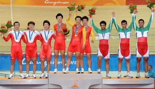 Men's team sprint podium (l-r): Japan, 2nd; People's Republic of China, 1st; Iran, 3rd.