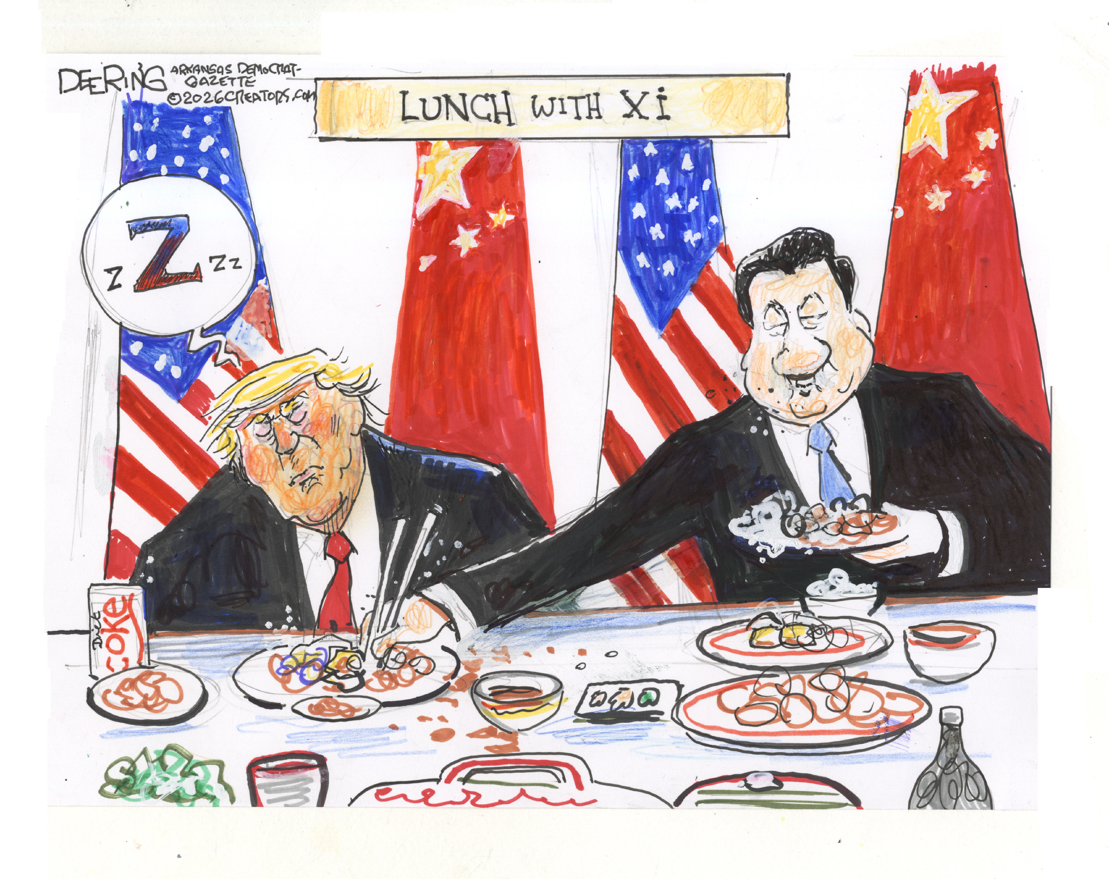 This cartoon is titled &amp;ldquo;Lunch with Xi&amp;rdquo;. Donald Trump and Xi Jinping eat lunch during their summit. Trump is asleep as Xi reaches over and uses chop sticks to take the food for himself off of Trump&amp;rsquo;s plate.