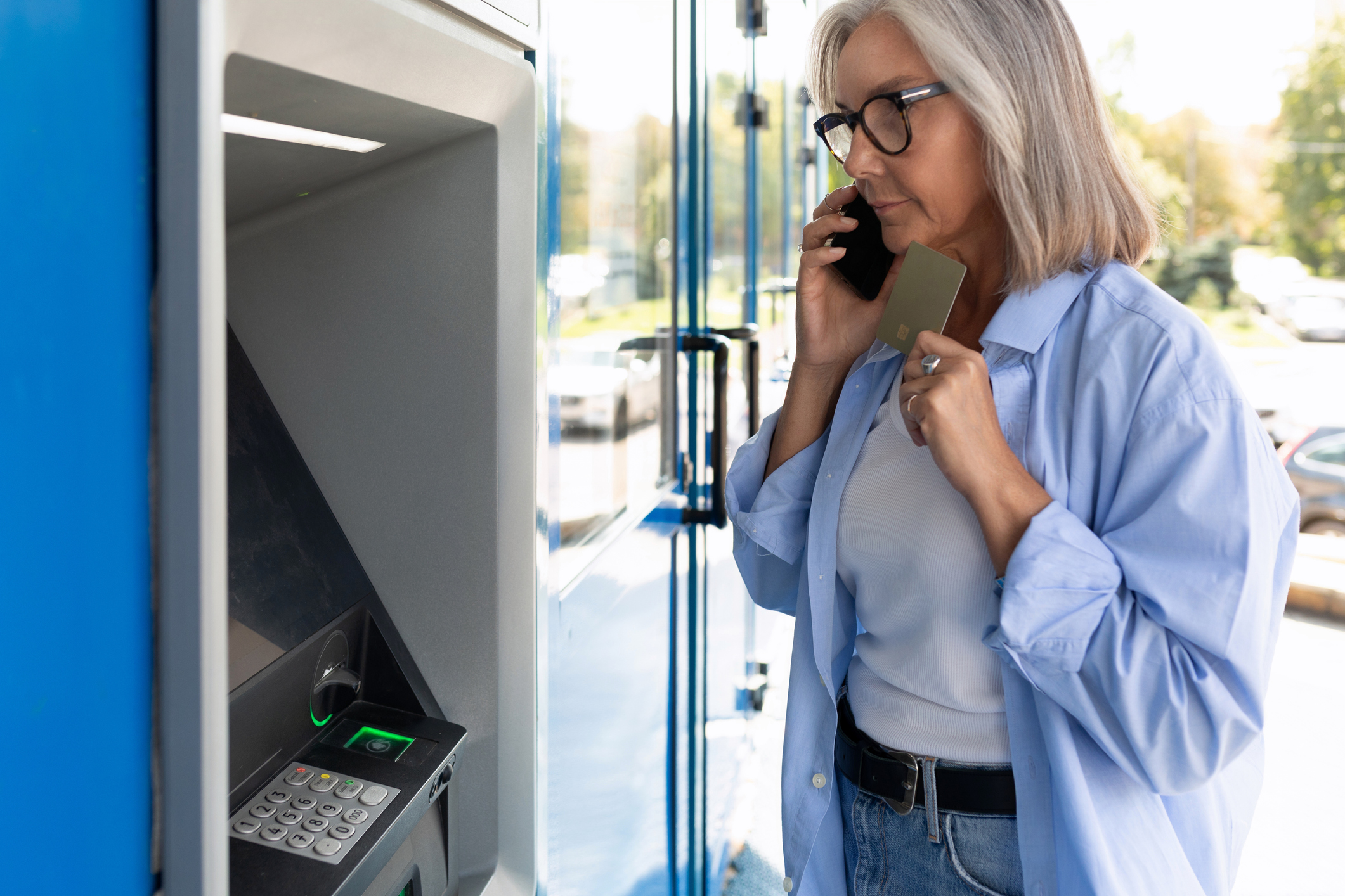 A woman outside a bank