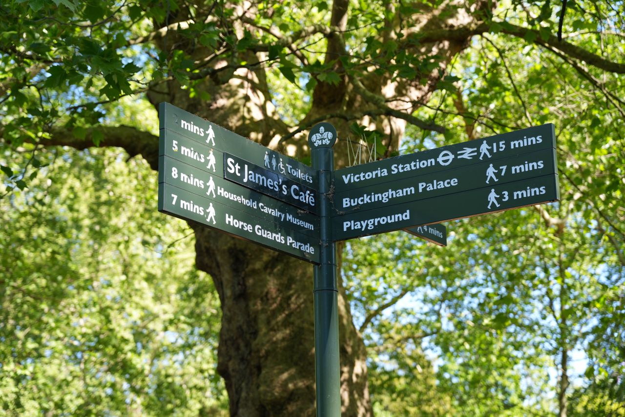 Park signpost pointing to St James&rsquo;s Caf&eacute;, Victoria Station and Buckingham Palace.
