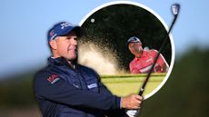 Padraig Harrington watching the flight of his golf ball after hitting a wedge shot with an inset image of Padraig Harrington hitting a bunker shot