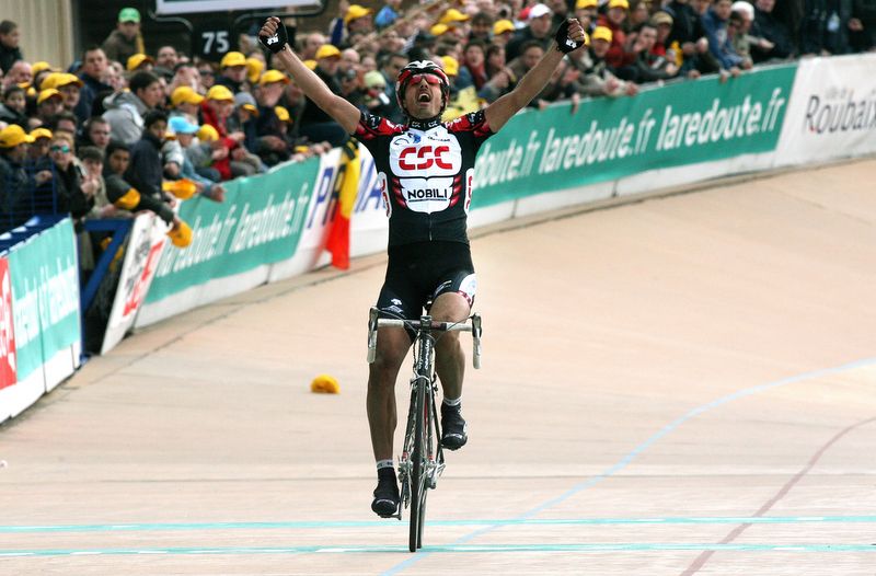 Fabian Cancellara celebrates the first of his three Roubaix wins
