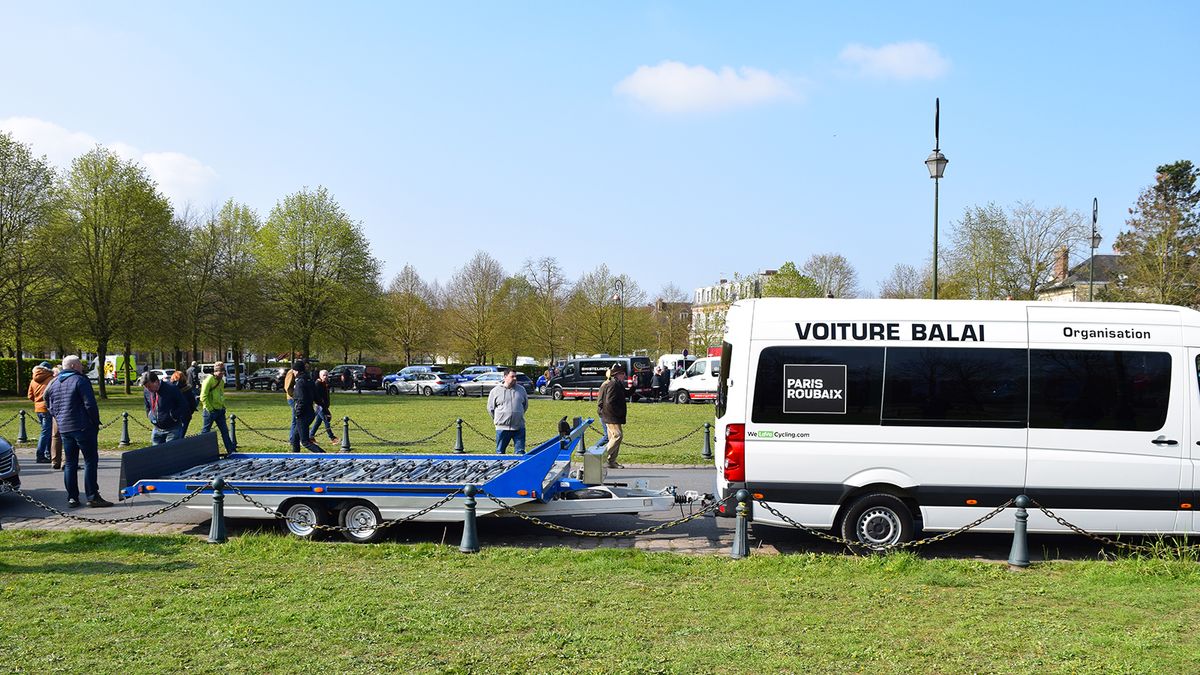 The broom wagon collects any broken bikes and gives riders a lift back to the velodrome in Roubaix