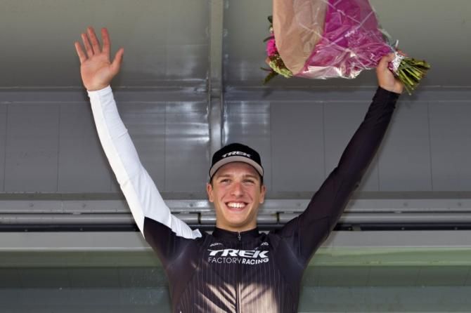 Danny van Poppel (Trek Factory Racing) on the podium after winning stage 1 at Driedaagse van West-Vlaanderen