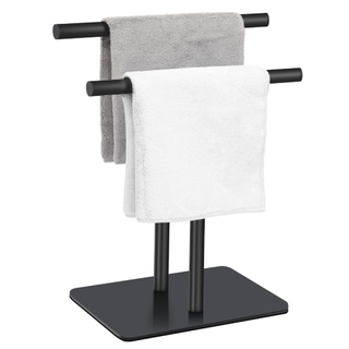black two-tiered hand towel rack with towels