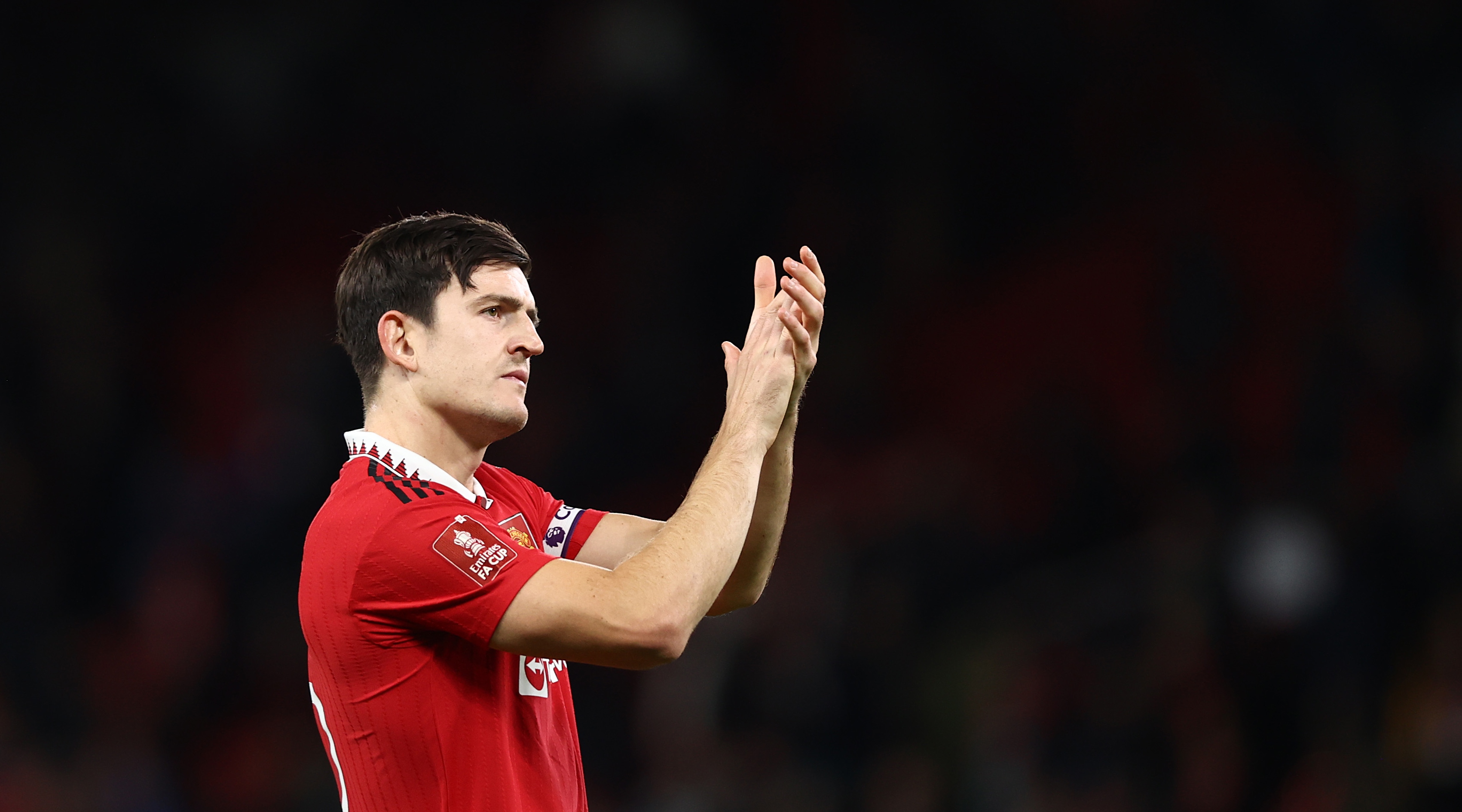 Harry Maguire of Manchester United applauds the supporters after the Emirates FA Cup third round match between Manchester United and Everton on 6 January, 2023 at Old Trafford in Manchester, United Kingdom.