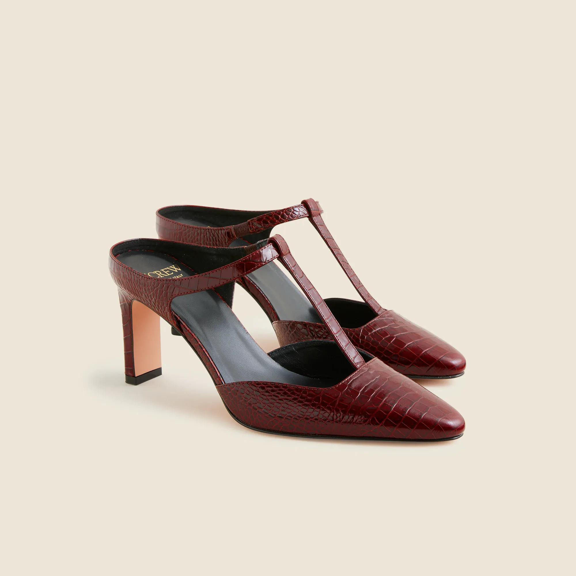 Made-In-Italy Jules T-Strap Pumps in Croc-Embossed Leather