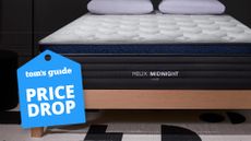 A closeup of the foot of the Helix Midnight Luxe mattress, a Tom's Guide price drop deals graphic (left)