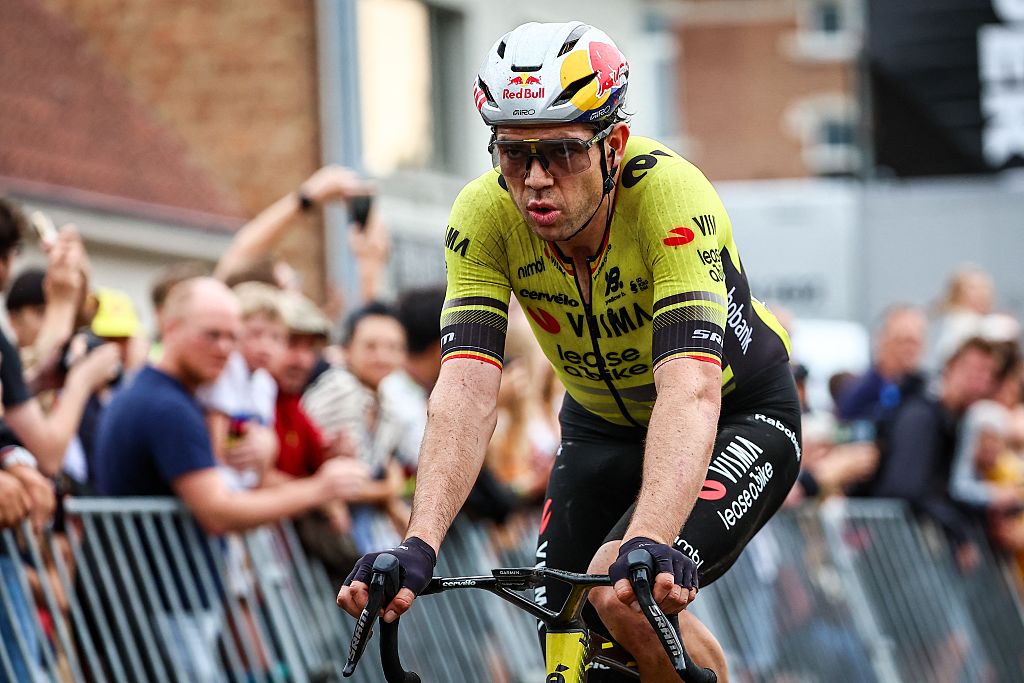 Belgian Wout van Aert of Team Visma-Lease a Bike crosses the finish line of the Super 8 Classic one day cycling race 200,7km from Brakel to Boortmeerbeek, on Saturday 20 September 2025. BELGA PHOTO DAVID PINTENS (Photo by DAVID PINTENS / BELGA MAG / Belga via AFP)
