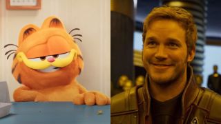 Garfield smiling in The Garfield Movie; Chris Pratt in Guardians of the Galaxy
