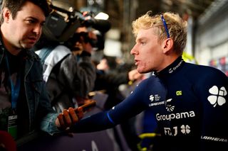 Jake Stewart (Groupama-FDJ) speaks to Cyclingnews at the start of Omloop Het Nieuwsblad 2023