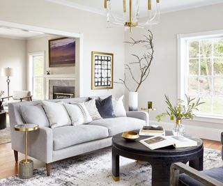 Neutral living room with grey sofa, dark wood coffee table and gold details