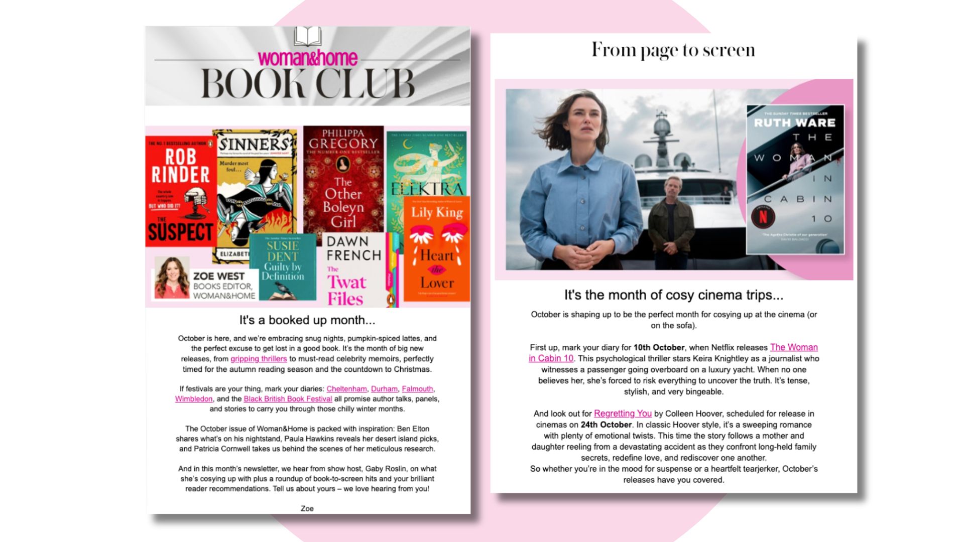 A screenshot of the woman&amp;amp;home book club newsletter