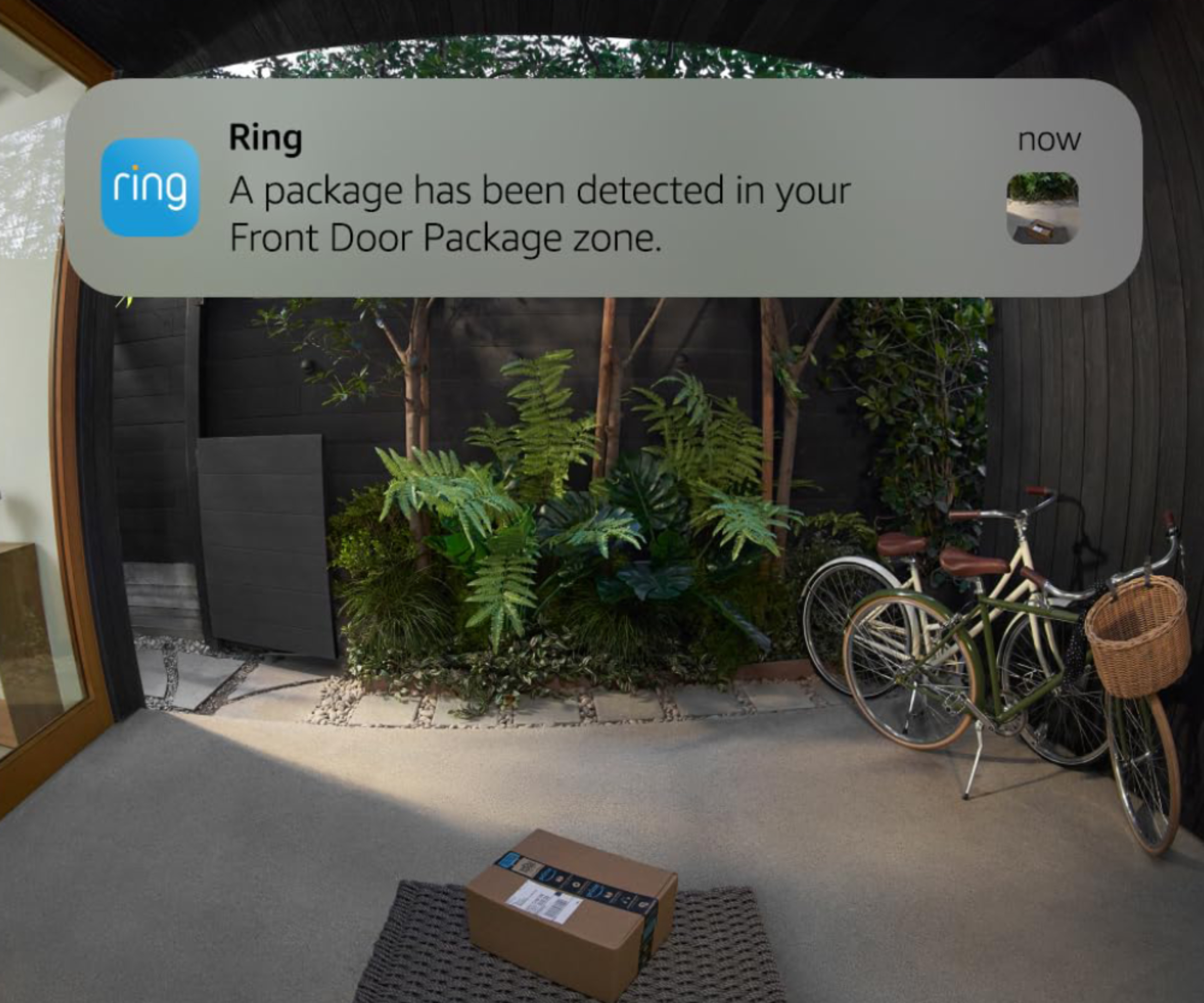 image showing view from doorbell camera on phone with notification pop-up saying package detected