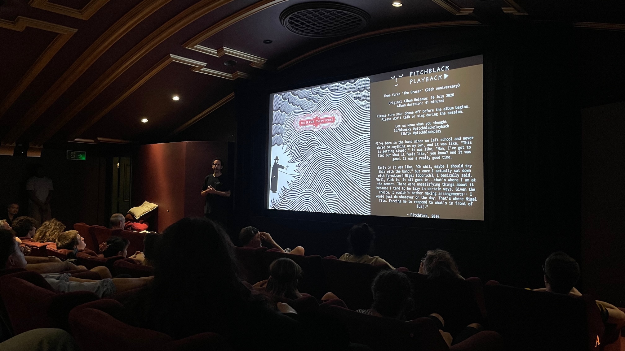 Pitchblack Playback founder Ben Gomori gives a talk in The Castle Cinema, Homerton, ahead of a listening session for Thom Yorke's album The Eraser.