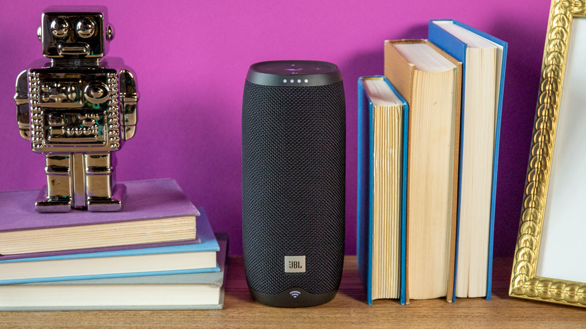 The JBL Link 20 set up on a bookshelf