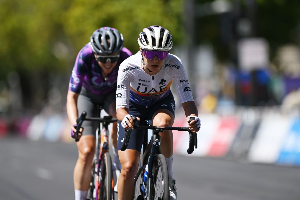 ADELAIDE AUSTRALIA JANUARY 26 LR Amber Pate of Australia and Team Liv Alula Jayco and Greta Marturano of Italy and UAE Team Adq compete in the breakaway during the Schwalbe Womens OneDay Classic 2025 a 899km one day race from Adelaide to Adelaide on January 26 2025 in Adelaide Australia Photo by Dario BelingheriGetty Images