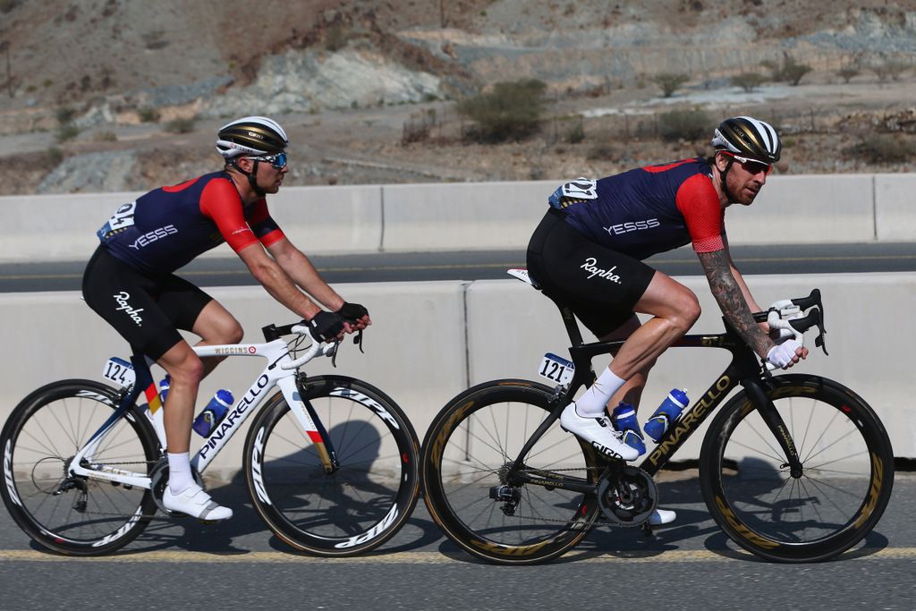 Owain Doull on the wheel of teammate Bradley Wiggins earlier in the season