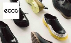 Ecco logo placed over an image of shoes laid out diagonally 