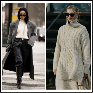 image of woman wearing coat, sweater, pants; image of woman wearing sweater and skirt 