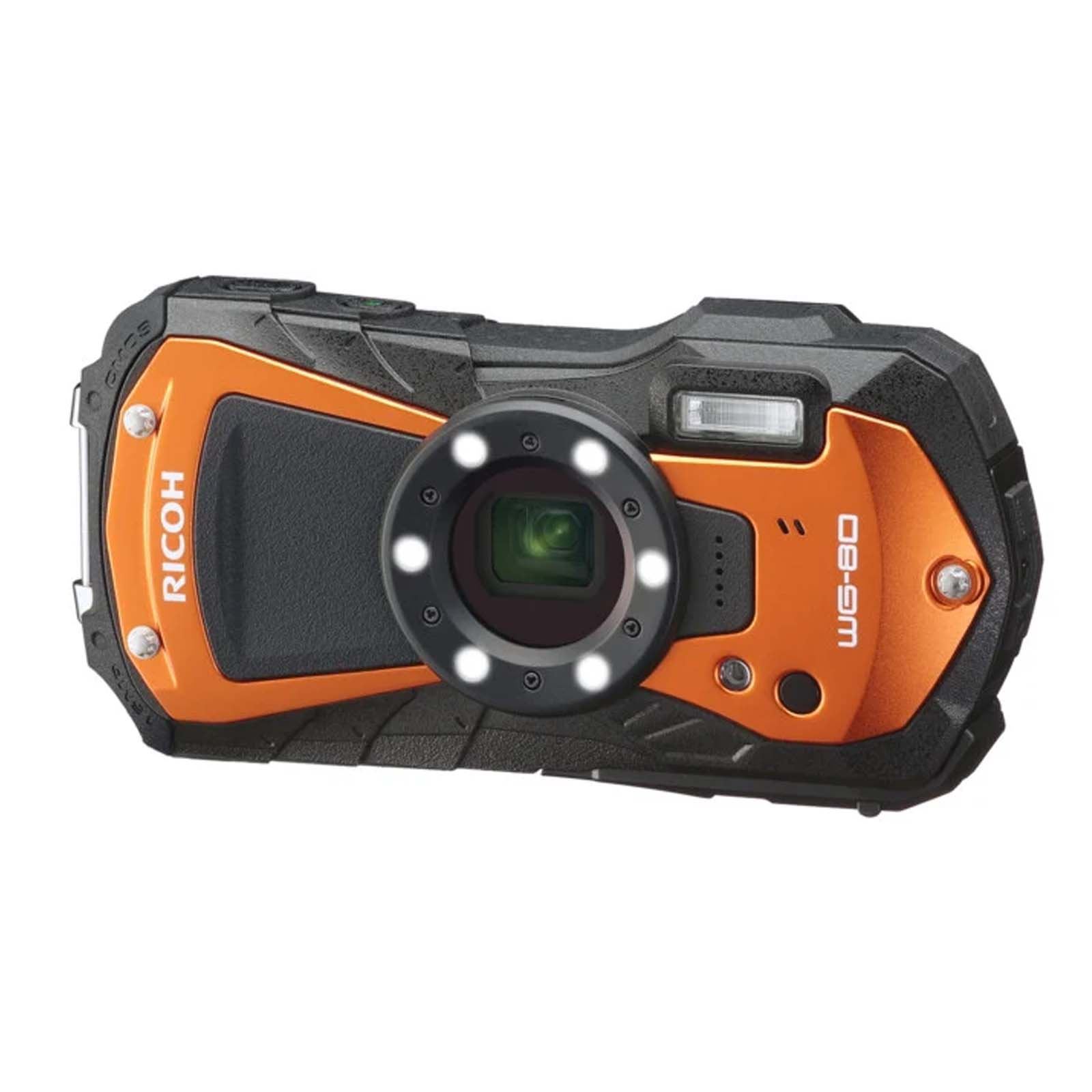 The Ricoh WG-80 camera in orange on a white background