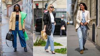 A composite of street style influencers showing autumn outfit ideas - jeans and a blazer