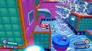 Penny stands on a screw as water pours out of pipes at the background in Penny's Big Breakaway, and she is throwing a yo-yo at a valve