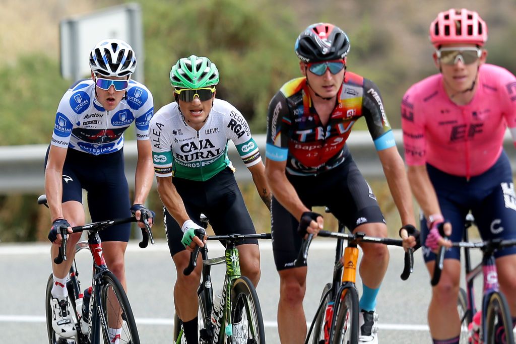 VELEFIQUE SPAIN AUGUST 22 LR Pavel Sivakov of Russia and Team INEOS Grenadiers polka dot mountain jersey and Jefferson Alveiro Cepeda Hrnandez of Ecuador and Team Caja RuralSeguros RGA compete during the 76th Tour of Spain 2021 Stage 9 a 188 km stage from Puerto Lumbreras to Alto de Velefique 1800m lavuelta LaVuelta21 on August 22 2021 in Velefique Spain Photo by Gonzalo Arroyo MorenoGetty Images
