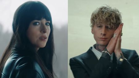 Dakota Johnson in a leather coat in the Verity trailer and Machine Gun Kelly in a suit for the Vampire Diaries video side by side, 