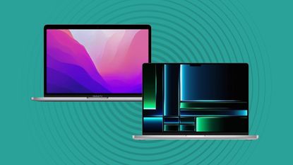 MacBook Pro models on a green background