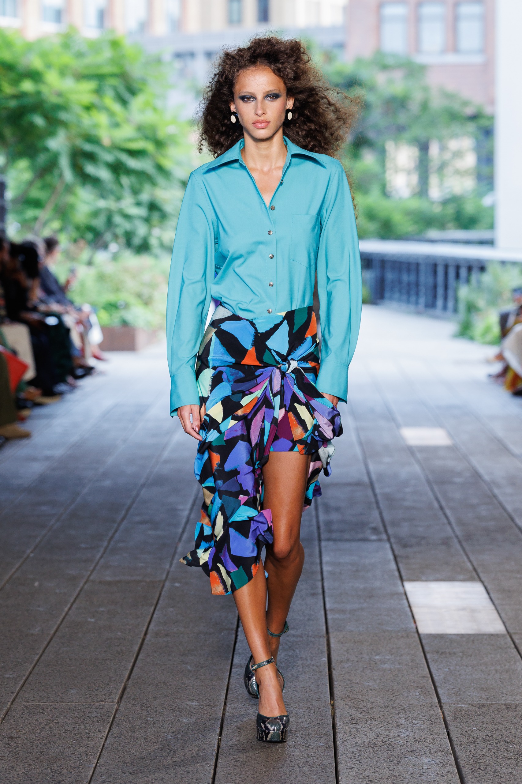 A model on the DVF Spring 2027 runway at New York Fashion Week.