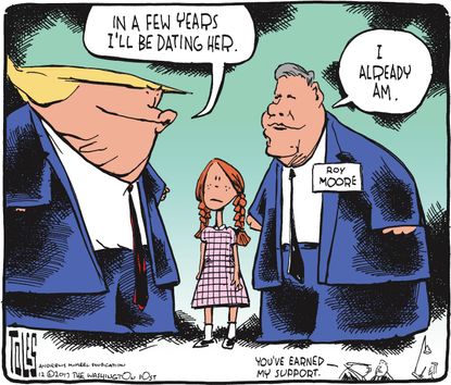Political cartoon U.S. Trump Roy Moore endorsement sexual assault