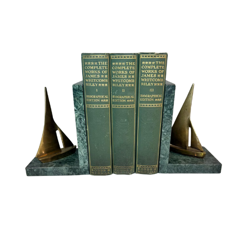 CameoPast, Vintage Brass Sailboat Green Marble Base Bookend Pair