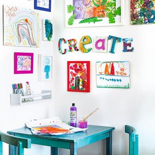 kids room with artwork on wall and white wall