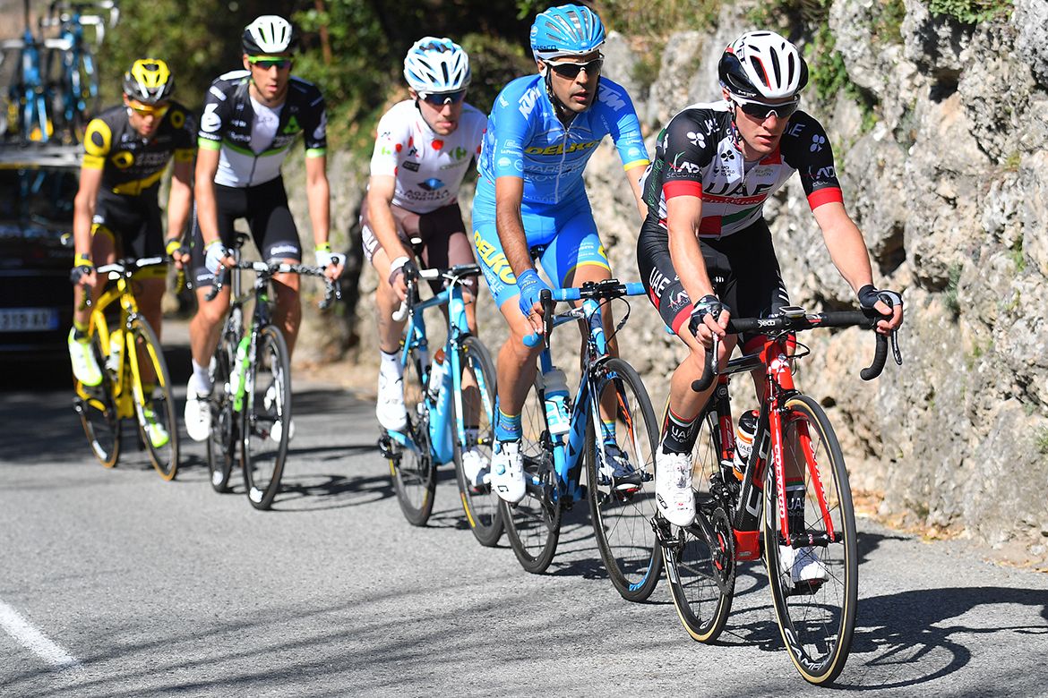 Early escapees Jan Polanc (UAE-Emirates), Axel Domont (Ag2r La Mondiale), Omar Fraile (Dimension Data), Lilian Calmejane (Direct Energie) and Delio Fernandez (Delko-Marseille).