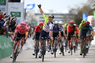 Gerben Thijssen of Belgium and Team Intermarche-Wanty celebrates at finish line as stage winner stage 1 at Volta ao Algarve 